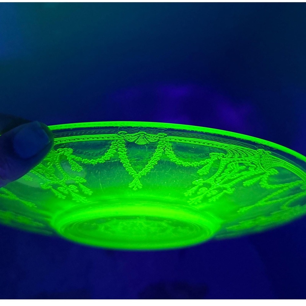 Vintage Uranium Glass Plate Green Depression Glass Etched Swag UV Glow 1930s